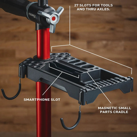 Universal Bike Repair Stand Tool Tray With 27 Tool Slots, Magnetic Parts Tray, Phone Holder and Accessory Hooks on stand