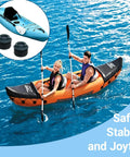 Two people kayaking with an inset showing Large 8 Pack Kayak Scupper Plugs Kit With Silicone Handle for waterproof adventures.