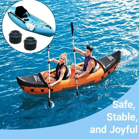 Two people kayaking with an inset showing Large 8 Pack Kayak Scupper Plugs Kit With Silicone Handle for waterproof adventures.