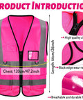 Pink High Visibility Safety Vests With Reflective Strips 10 Pack For Construction Volunteers Event Staff And Running Multi Pocket Design Easy On Zipper Bright Nighttime Reflective Gear For Clear Visibility, product features and dimensions shown.