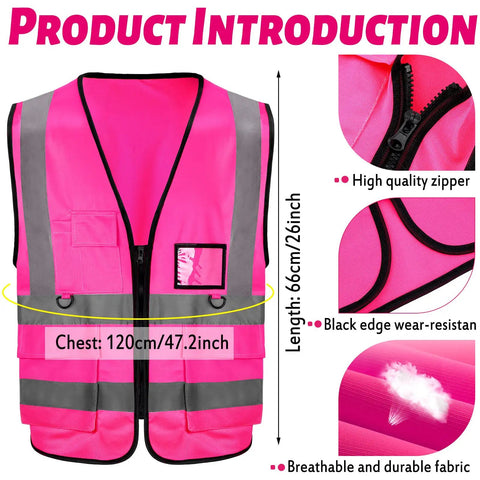 Pink High Visibility Safety Vests With Reflective Strips 10 Pack For Construction Volunteers Event Staff And Running Multi Pocket Design Easy On Zipper Bright Nighttime Reflective Gear For Clear Visibility, product features and dimensions shown.