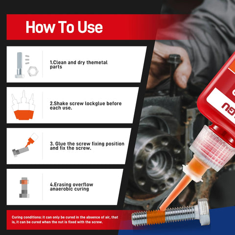 VIKAGU 272 orange high-temp threadlocker bottle for metal bolts and nuts, 50ml, shown with how-to-use instructions.
