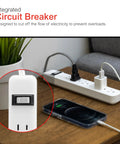 Six Outlet Power Strip Two Pack With One Point Five Foot Heavy Duty Extension Cord Grounded 3 Prong Wall Mount Circuit Breaker ETL Listed White Ideal For Home Office Garage Workshop Electronics Hub, shown with integrated circuit breaker and charging devices in use.