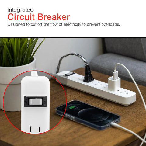 Six Outlet Power Strip Two Pack With One Point Five Foot Heavy Duty Extension Cord Grounded 3 Prong Wall Mount Circuit Breaker ETL Listed White Ideal For Home Office Garage Workshop Electronics Hub, shown with integrated circuit breaker and charging devices in use.