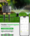 WiFi Sprinkler Timer 2 Zone With 1700 Ft Range, Smart Hose Timer on grass with smartphone app interface.