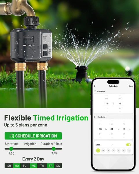 WiFi Sprinkler Timer 2 Zone With 1700 Ft Range, Smart Hose Timer on grass with smartphone app interface.