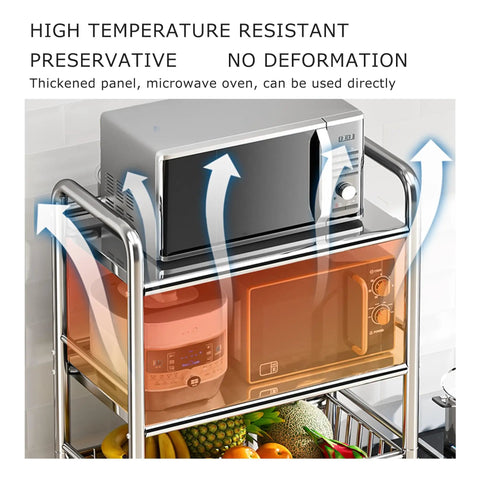 Heavy Duty Rolling Storage Shelf Cart That Is Built Different Featuring Rock Solid 304 Stainless Steel Build with microwave above and fruits below.