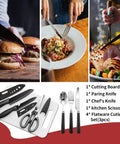 Image of a cutting board set with paring knife, chef's knife, kitchen scissors, and flatware cutlery displayed on a table.