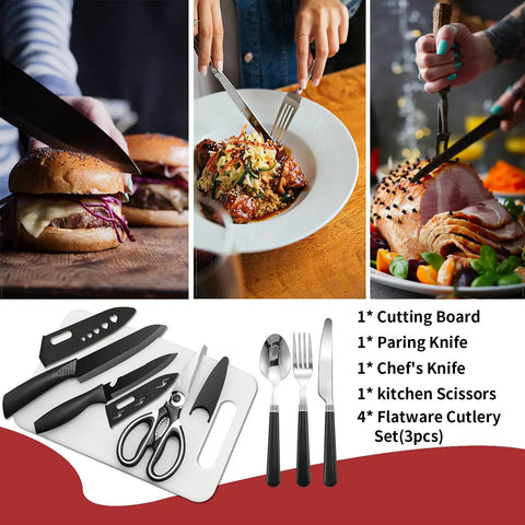 Image of a cutting board set with paring knife, chef's knife, kitchen scissors, and flatware cutlery displayed on a table.