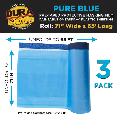 Blue Pre Taped Masking Film 71 Inch By 65 Foot Three Pack Drop Sheet With Built In Tape Beefy Tear Resistant 0 4 Mil Plastic