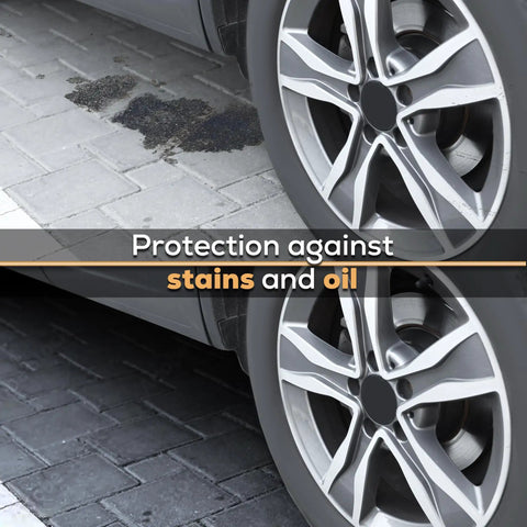 Five Gallon Clear Acrylic Paver Sealer Gives Concrete A Straight Up High Gloss Wet Look With Professional Grade Color Enhancing Formula That Dries Fast On Driveways Patios And Walkways For A Legit Pro Shine on oil-stained paver driveway.