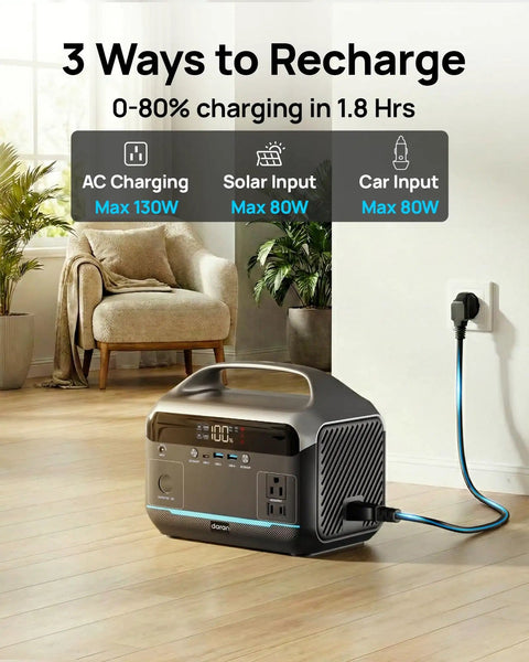 High Capacity Portable Power Station With 1200W Surge And 288Wh LiFePO4 Battery Solar Generator 600W AC Outlet charging indoors