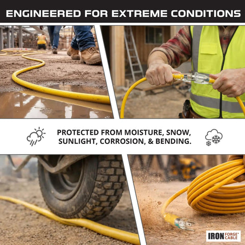 Heavy Duty 25 Foot Outdoor Extension Cord With 12 Gauge 3 Conductor SJTW Insulated Cable in rugged condition testing