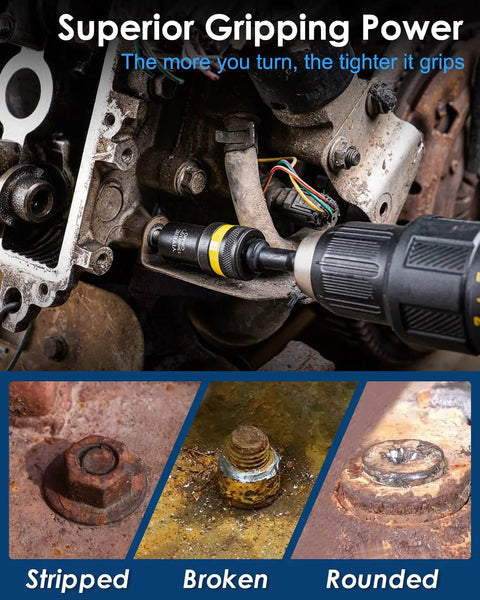 Drill removing damaged bolt using Heavy Duty Bolt Nut Extractor Socket Set With Half Inch Drive Wheel Lock Removal Kit And Ratchet Wrench