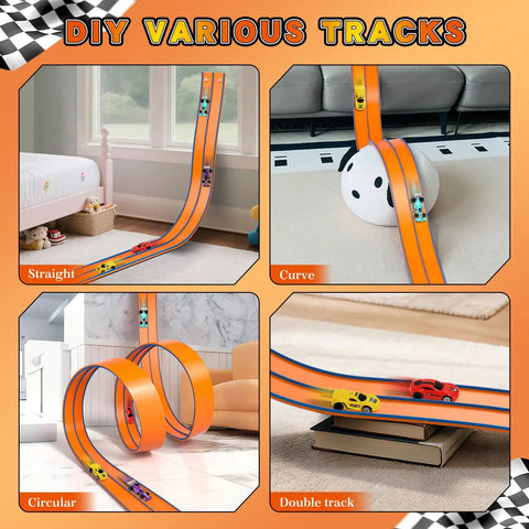15 Ft Flexible Race Car Track With Suction Cups For Diecast 1/64 Cars shown in straight, curve, circular, and double track setups
