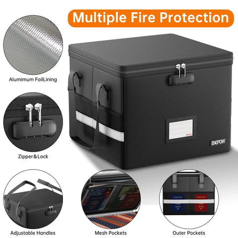 Fireproof Doc Box With Lock For 5200F Heat Insulation, Collapsible File Organizer With Handy Handle in black showing features