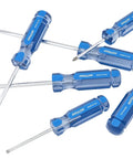 Six Piece Pro Grade Screwdriver Set SD-6A With Heat Treated Alloy Steel Blades And Durable Acetate Handles In Blue, arranged flat.