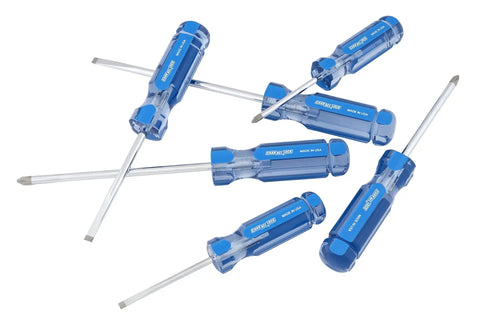 Six Piece Pro Grade Screwdriver Set SD-6A With Heat Treated Alloy Steel Blades And Durable Acetate Handles In Blue, arranged flat.