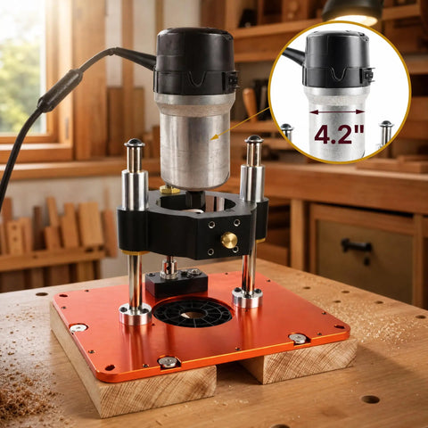 Heavy Duty Router Table Lift System For 4 2 Inch Router Motors With Solid Aluminum Base Plate for precise routing setup.