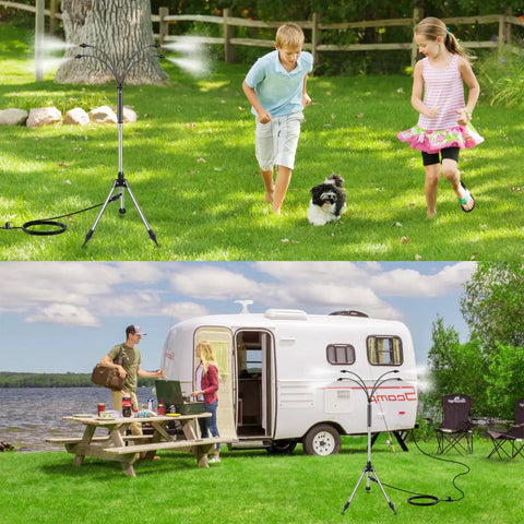 Children playing with Outdoor Patio Water Mister System 26.5 Feet Portable Cooling Mister With Adjustable Height Stand