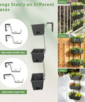 Three Tier Vertical Hanging Railing Planter Box shows adjustable sizes for easy hanging on ralling, fence, or wall with black containers.