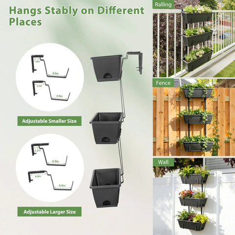 Three Tier Vertical Hanging Railing Planter Box shows adjustable sizes for easy hanging on ralling, fence, or wall with black containers.