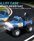 Blue Pocket 1 To 64 Scale RC Truck with LED Lights and App Control on a racetrack, showcasing alloy case and impact-resistant features.