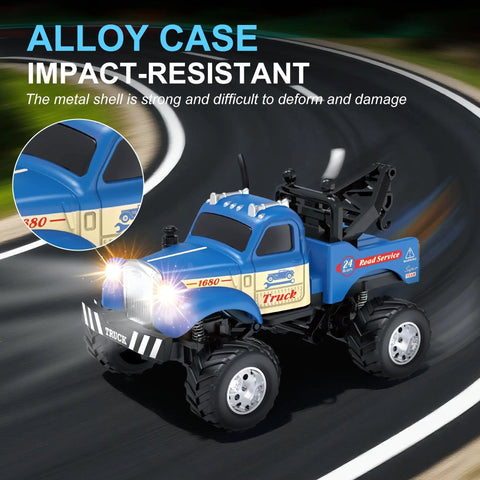 Blue Pocket 1 To 64 Scale RC Truck with LED Lights and App Control on a racetrack, showcasing alloy case and impact-resistant features.