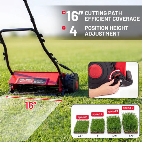 Cordless Electric Reel Lawn Mower With Two 36Wh Batteries And Dual Power 16 Inch Push Mower For Small To Medium Yards Gardens And Golf Greens No Gas Needed Easy Start Quiet Operation, 16-inch cutting width
