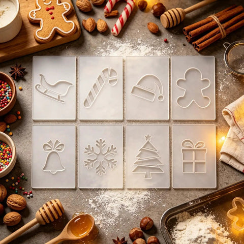 Hella Precise Acrylic Router Templates That Double As Eight Reusable Carving Stencils For Wood And Fabric Featuring Festive Christmas And Valentine Designs To Give Your Diy Hobby Projects A Truly Dope Fresh Look showing eight clear acrylic templates with holiday designs on a decorated table.