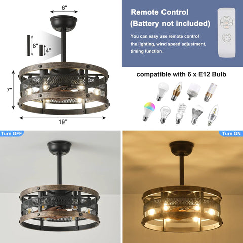 19 Inch Black Caged Ceiling Fan With Lights And Remote, Industrial Style, showing reversible blades and compatible bulb types