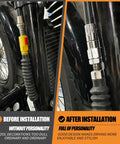 Before and after installation of Slick Cnc Aluminum Motorcycle Clutch Cable Adjuster Upgrade for Harley Softail Fat Boy.