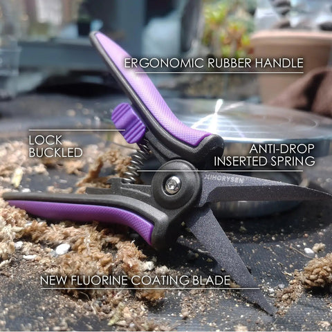 Nonstick Resin-Resist Micro-Tip Garden Snips 6 Inch Fluorine-Coated Scissors Pruning Shear showing ergonomic handle and coating.