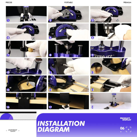 Installation steps for Heavy-Duty Portable Drill Guide With 0-60 Degrees Adjustable Angled Jig, Self-Centering For Straight Or Angled Holes.