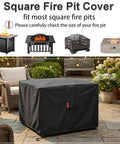 Square Fire Pit Cover Heavy Duty Tough As Nails 600D Fabric With PVC Coating All Weather Waterproof And Anti Crack Fits 29 To 32 Inch Square Fire Pits Or Tables 24 Inch High Outdoor Patio Must Have Protection Black covering a fire pit on a patio