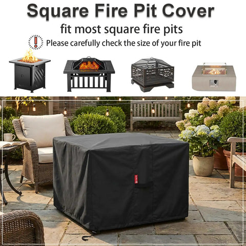 Square Fire Pit Cover Heavy Duty Tough As Nails 600D Fabric With PVC Coating All Weather Waterproof And Anti Crack Fits 29 To 32 Inch Square Fire Pits Or Tables 24 Inch High Outdoor Patio Must Have Protection Black covering a fire pit on a patio