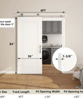 36x84 Sliding Barn Door Kit, 1 Panel White Primed Interior Closet Door With Satin Nickel 6ft Hardware, shown installed in room.
