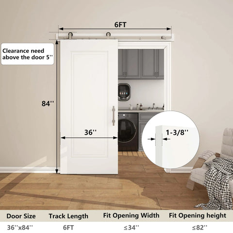 36x84 Sliding Barn Door Kit, 1 Panel White Primed Interior Closet Door With Satin Nickel 6ft Hardware, shown installed in room.
