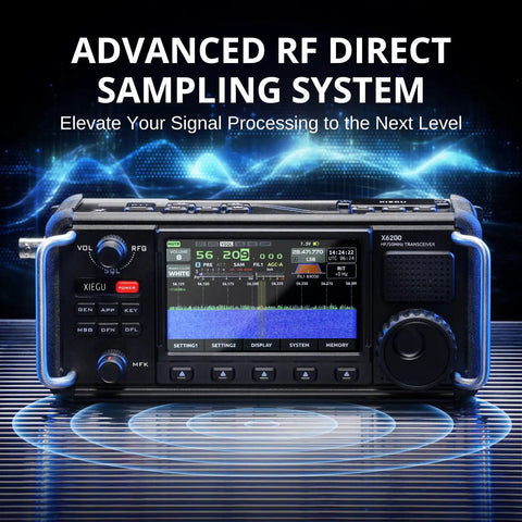 X6200 Portable HF Radio Transceiver Workhorse With RF Direct Sampling 50 MHz Band Airband WFM Receiver display and controls.