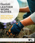HydraHyde Water Resistant Leather Palm Work Gloves For Men With Flexible Spandex Back And Adjustable Closure Blue X Large close-up