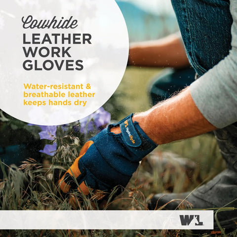 HydraHyde Water Resistant Leather Palm Work Gloves For Men With Flexible Spandex Back And Adjustable Closure Blue X Large close-up