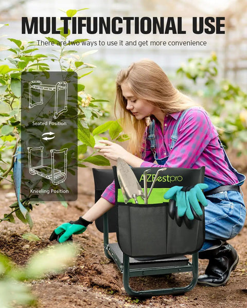 Heavy Duty Garden Kneeler And Seat For Pain Relief, Upgraded Foldable Gardening Stool with dual tool bags in use in garden