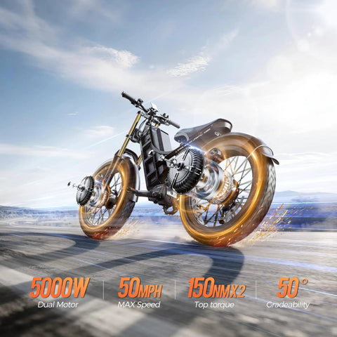 Heavy Duty Adult Electric Bike Cranks Out 5600 W Peak Power And Hits 50 Mph Quick While The Massive 80 Ah Battery Pushes You Up To 250 Miles Per Charge With Full Suspension And Gnarly Fat Tires Built Tough in action on a road.