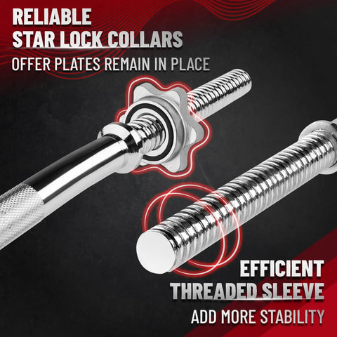 Chrome EZ Curl Bar 47 Inch Curl Barbell for Biceps and Triceps, 480 Lbs Capacity, showing star lock collars and threaded sleeve