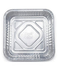 Close-up of 35 Pack 8x8 Inch Square Baking Pans With Snap-On Plastic Dome Lids, heavy duty disposable aluminum foil tin, top view