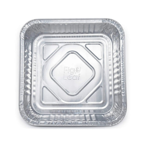 Close-up of 35 Pack 8x8 Inch Square Baking Pans With Snap-On Plastic Dome Lids, heavy duty disposable aluminum foil tin, top view