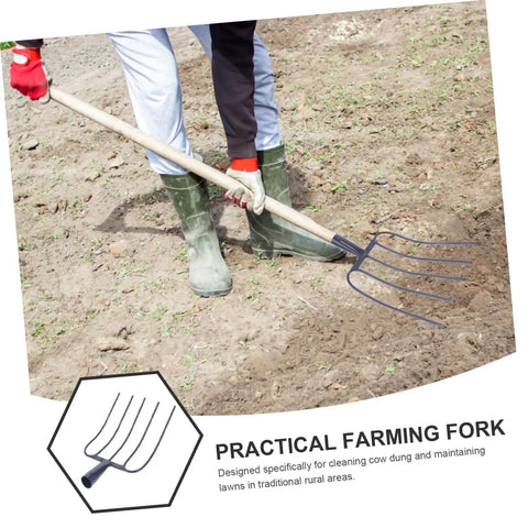 Person using heavy duty manure fork and garden pitch fork for farm use, ideal for pastures, cleaning cow dung, made of iron.