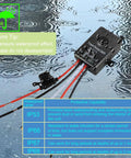 Front view of waterproof forward/reverse remote switch for linear actuators; black with red and black wires, IP66-rated.