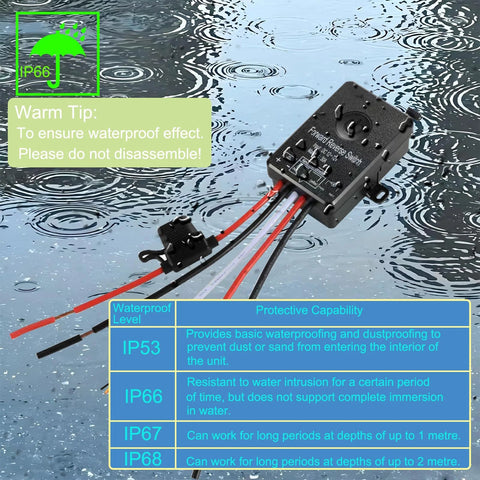 Front view of waterproof forward/reverse remote switch for linear actuators; black with red and black wires, IP66-rated.