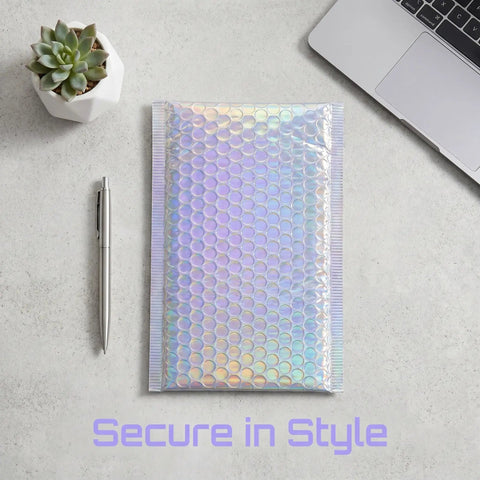 A glitter bubble mailer from a 30 pack, tear resistant shipping bag for jewelry, makeup, gifts, and small items, on a desk.